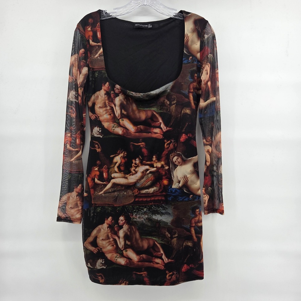 PrettyLittleThing Renaissance Print Dress 8 Black Mesh Art-Inspired Eclectic